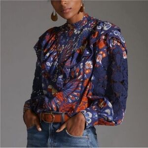 FARM RIO Smocked Pineapple Flowers Navy Blue
Blouse Large